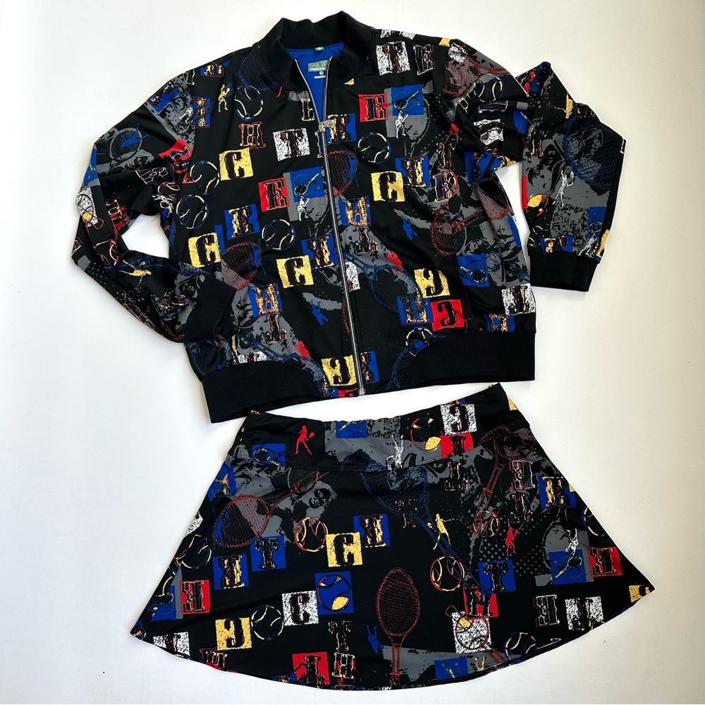 Tail Black Patterned Bomber Jacket and Skirt Set with Blue, Red, Yellow Accents